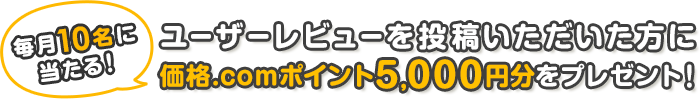 毎月10名様に当たる!!ユーザーレビューを投稿いただいた方に価格.comポイント5,000円分をプレゼント!