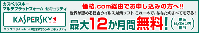 カスペルスキー マルチプラットフォーム セキュリティ 接続コースと同時申し込みで世界が認める総合ウィルス対策ソフトが最大12か月間無料!(税込6,480円相当)