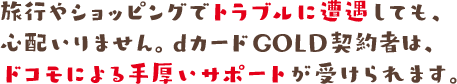 旅行やショッピングでトラブルに遭遇しても、心配いりません。dカード GOLD契約者は、ドコモによる手厚いサポートが受けられます。