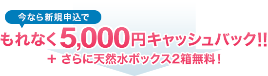 今なら新規申込でもれなく5,000円キャッシュバック!!さらに天然水ボックス2箱無料!