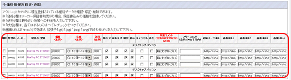価格情報の修正画面