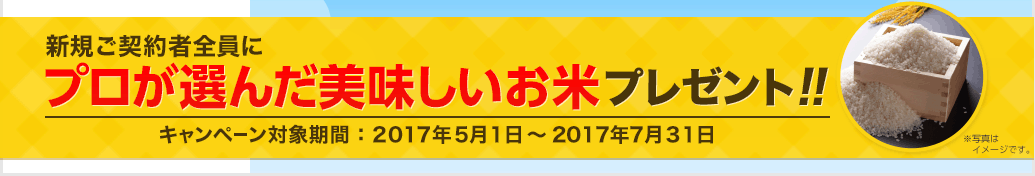 新規ご契約者全員にプロが選んだ美味しいお米プレゼント!!! ※年間保険料5,000円未満の場合は500円分 キャンペーン実施期間:2017年5月1日〜2017年7月31日