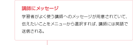 講師にメッセージ
学習者がよく使う講師へのメッセージが用意されていて、伝えたいことをメニューから選択すれば、講師には英語で送信される。