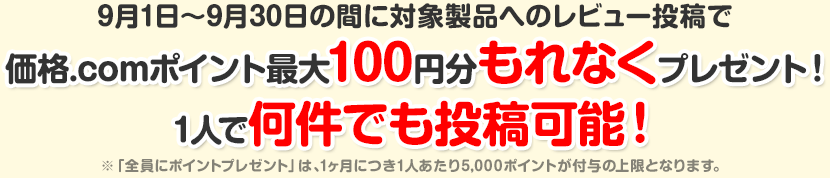 9月1日〜9月30日の間に対象製品へのレビュー投稿で価格.comポイント最大100円分もれなくプレゼント!1人で何件でも投稿可能!※「全員にポイントプレゼント」は、1ヶ月につき1人あたり5,000ポイントが付与の上限となります。