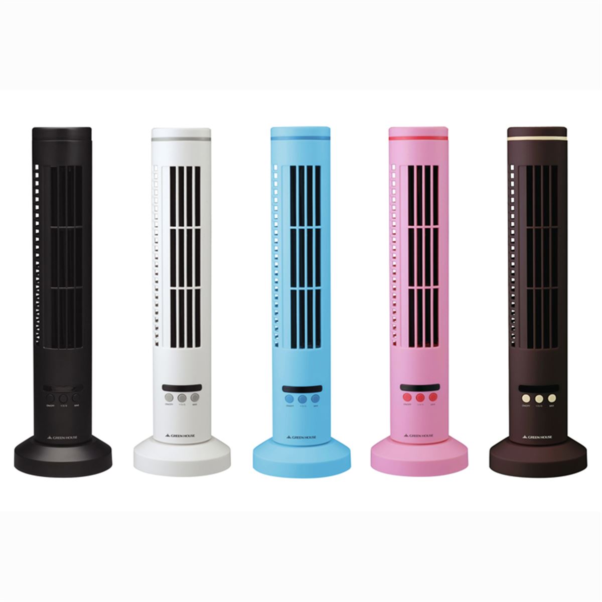 グリーンハウス、乾電池でも動作するスリムタワー型卓上用扇風機