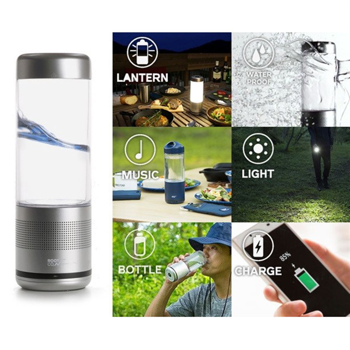 ROOT、飲料ボトルにもなるランタン型のIP65防水・防塵Bluetooth