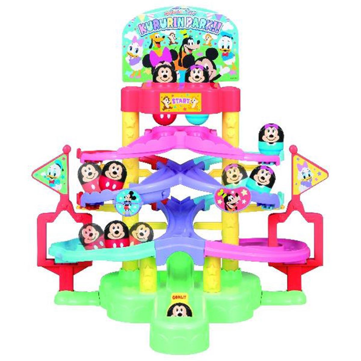 たまご型のミッキーとミニーがレールを転がり落ちる乳幼児向け