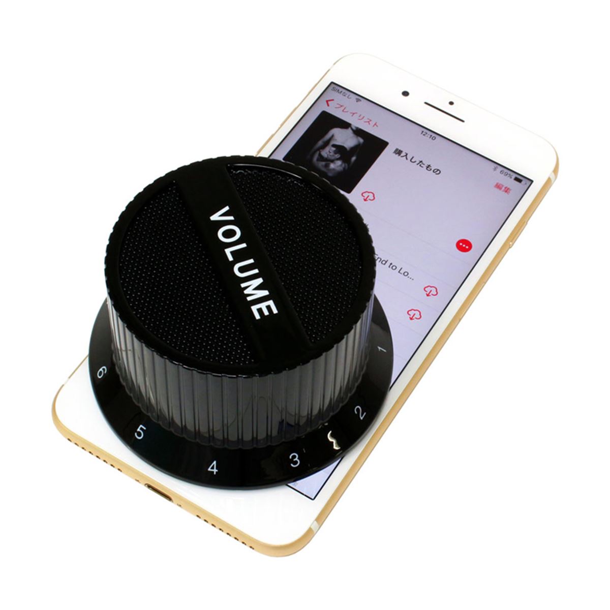 スマホに載せて回すと音量が変化する、ボリュームつまみ型のスピーカー