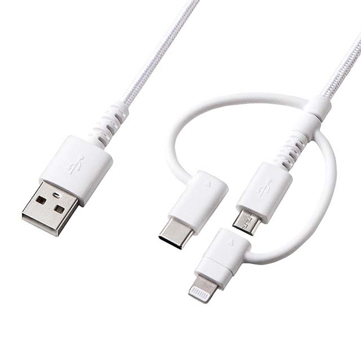 サンワ、Lightning/Type-C/microUSBの3種類に対応した3in1ケーブル