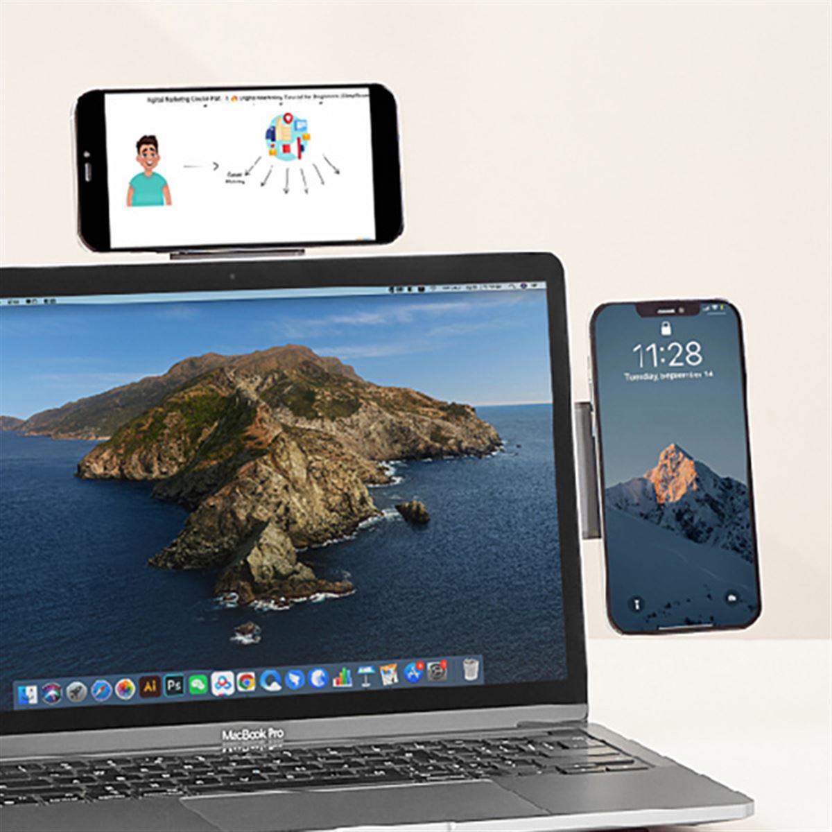 ノートPCの横や上部に、スマホを並べてセットできるホルダー「MOFT