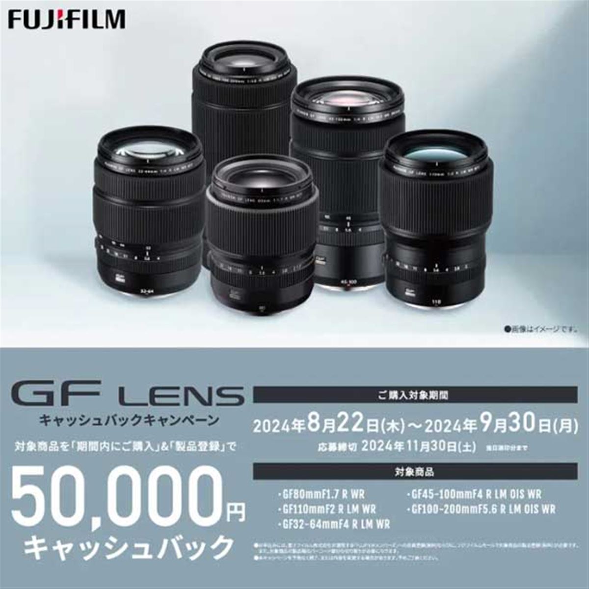 富士フイルム、50,000円還元の「GFレンズ キャッシュバック