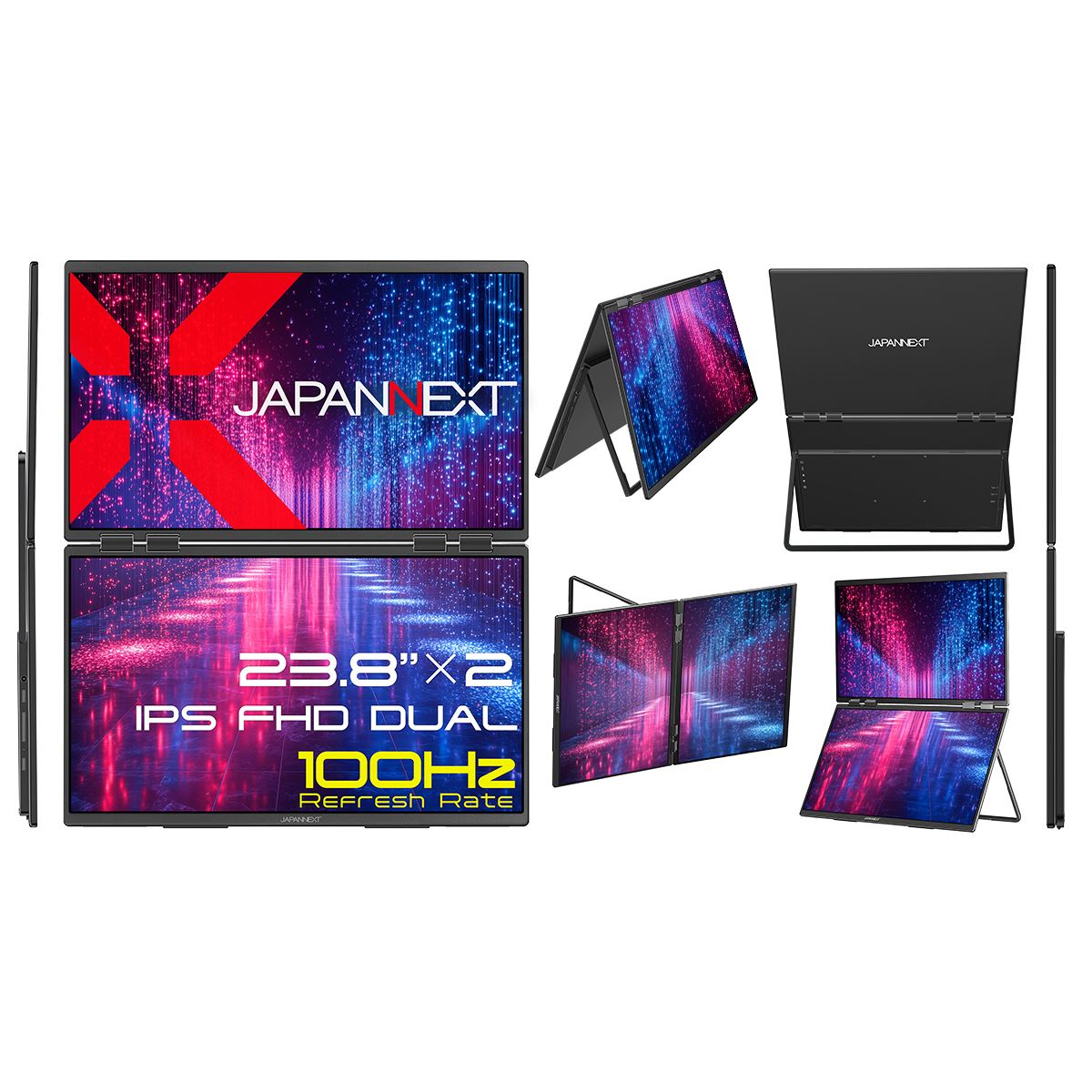 JAPANNEXT、23.8型IPSパネル2枚搭載の大型デュアルモバイル