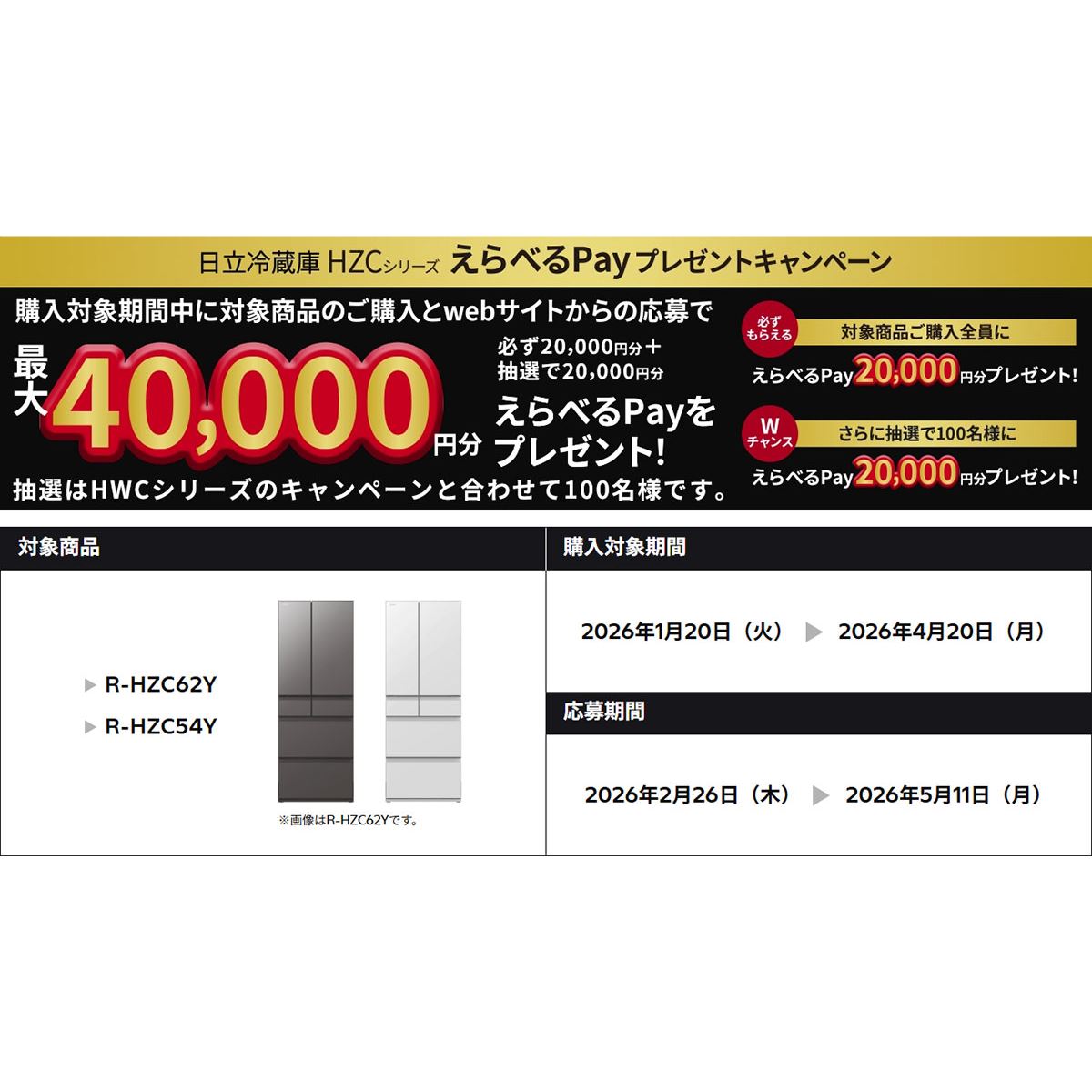日立、最大4万円分を還元する「日立冷蔵庫 HZCシリーズ えらべるPay 
