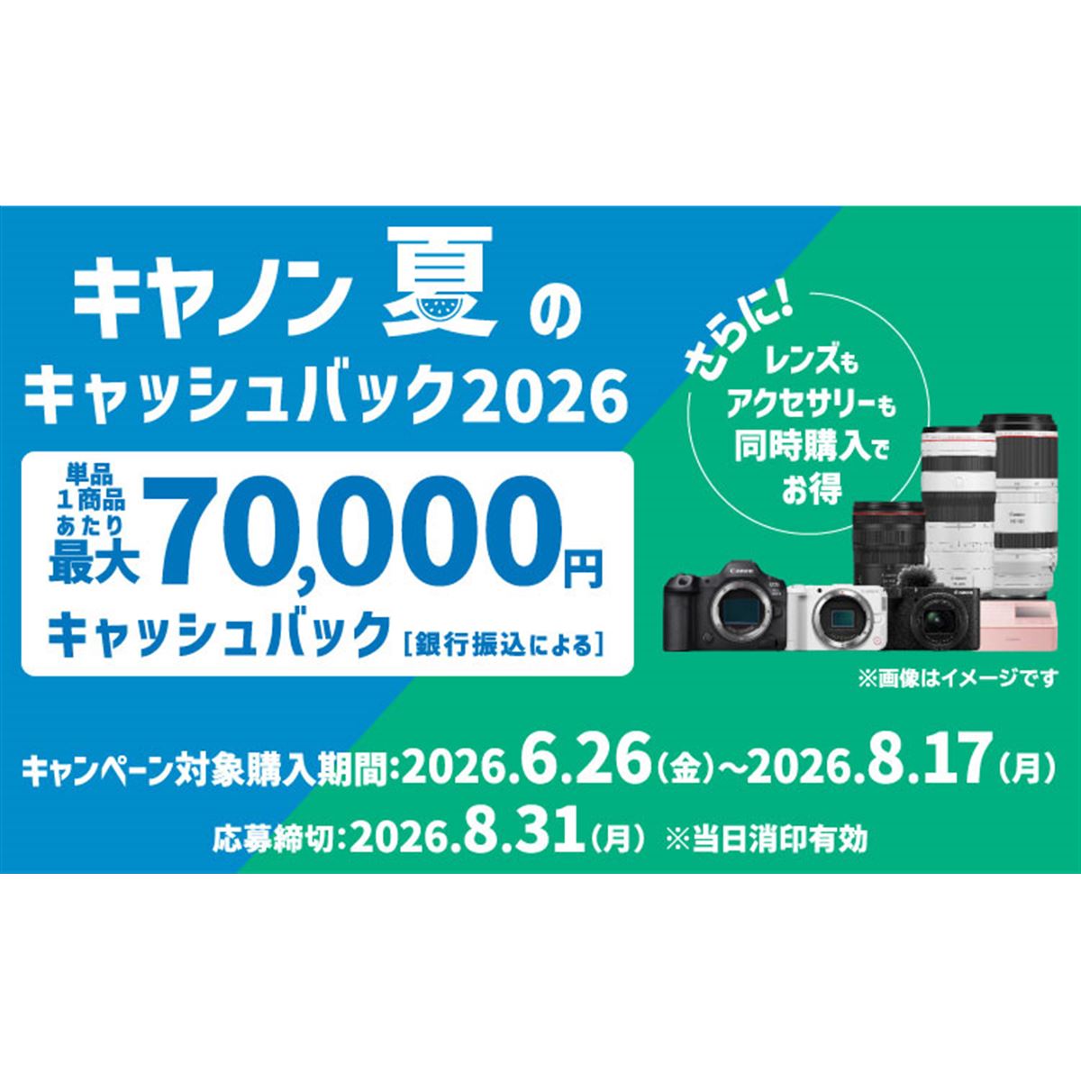 キヤノン、最大7万円還元の「夏のキャッシュバック2026」を6月26日から
