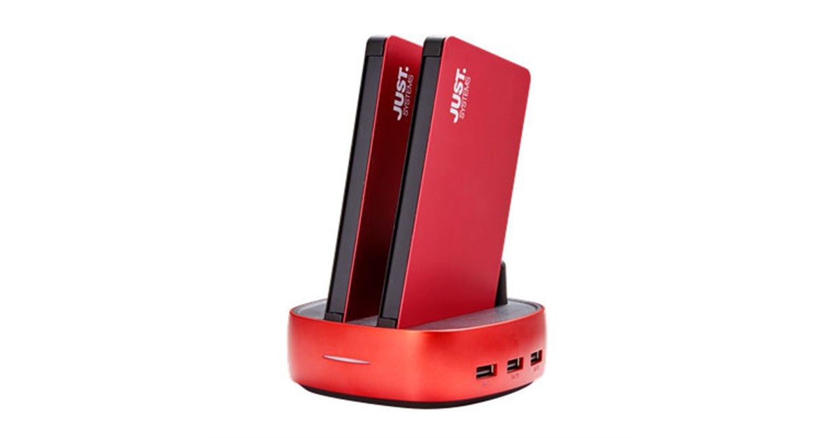 JUSTロゴ入りの赤いモバイルバッテリー2個セット - 価格.com