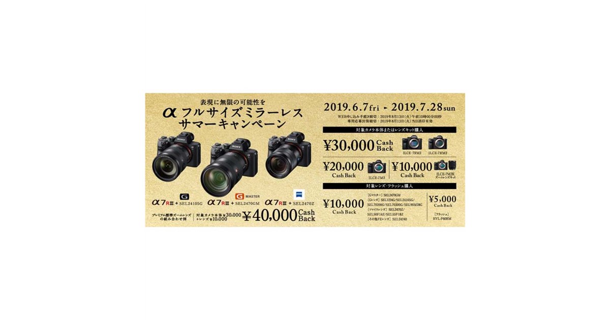 ソニー、αフルサイズミラーレスや交換レンズ対象のキャッシュバック