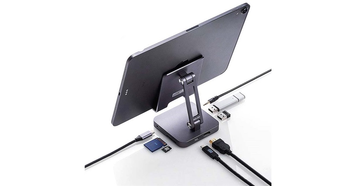 サンワ、スタンド機能付きUSB Type-Cドッキングハブ「400-HUB088GM