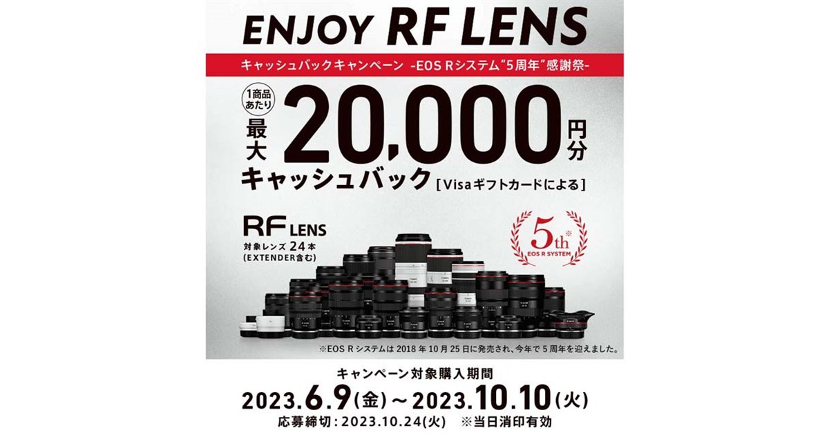 キヤノン、RFレンズ対象の最大2万円分キャッシュバックは本日10月10日