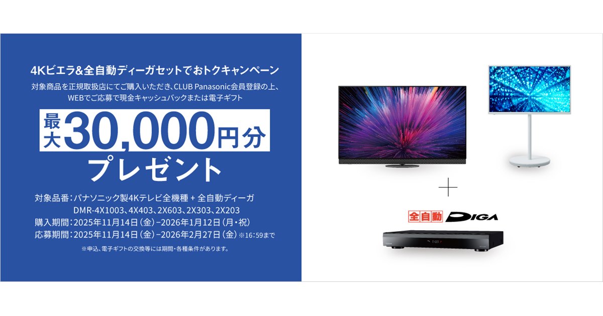 パナソニック、最大3万円分還元の「4Kビエラ＆全自動ディーガセットで