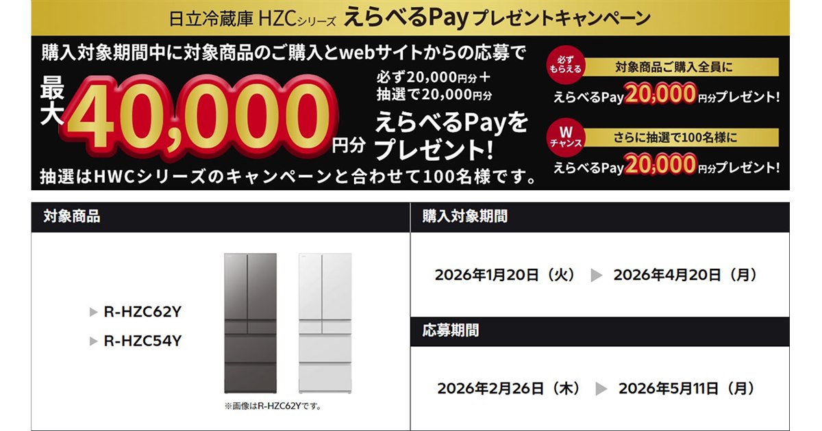 HITACHI冷蔵庫☆受渡し予定者決まりました 日立、最大4万円分を還元する「日立冷蔵庫 HZCシリーズ えらべるPay