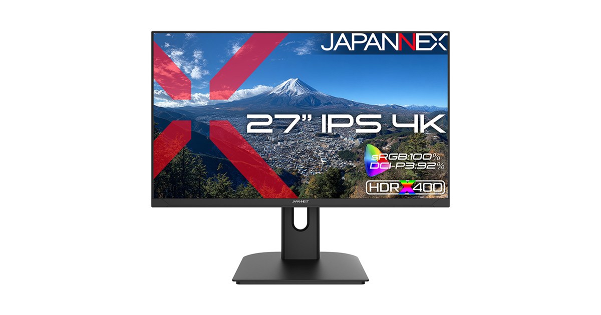 JAPANNEXT、sRGB100％やDCI-P3 92％対応の27型4K液晶ディスプレイ「JN