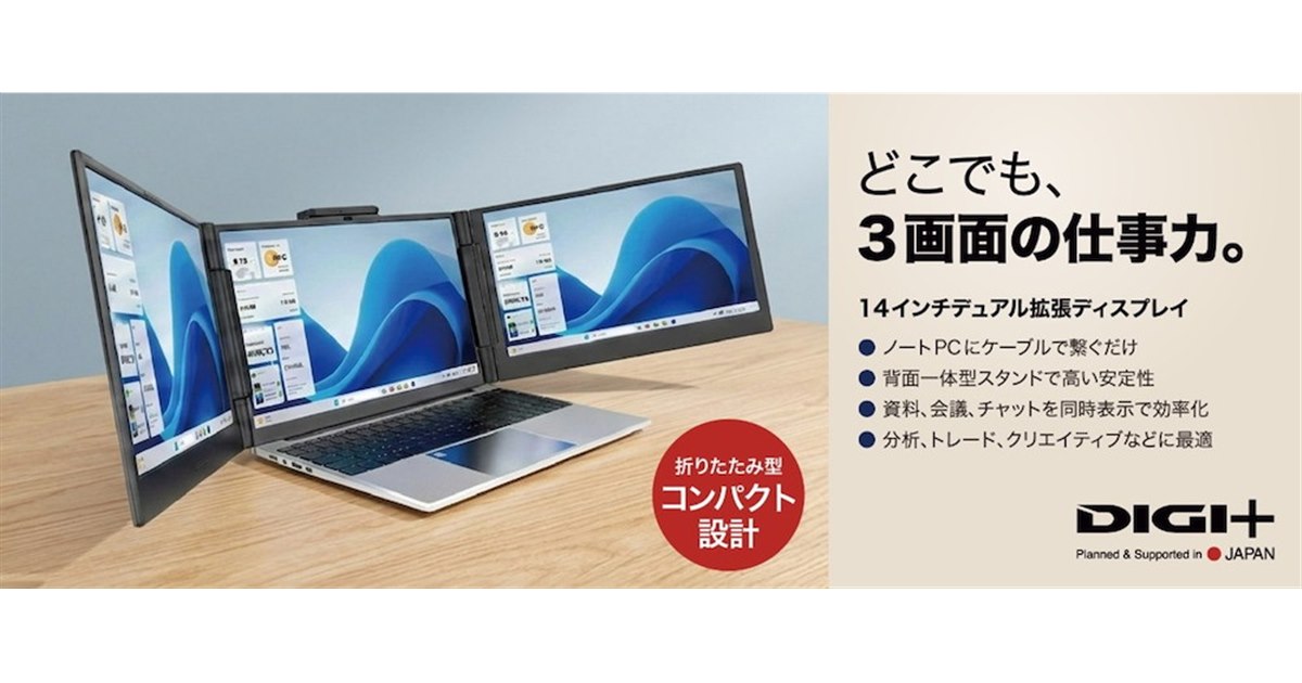 ソースネクスト、ノートPCをトリプル画面にする14型デュアル拡張