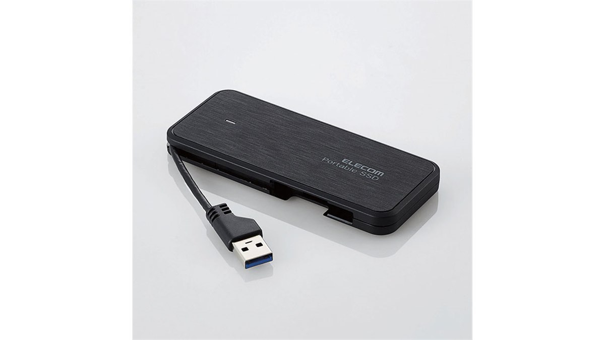 ELECOM ケーブル一体型外付けポータブルSSD 480GB エレコム、ケーブル一体型タイプのSSD「ESD-EC」に480GBモデルを追加
