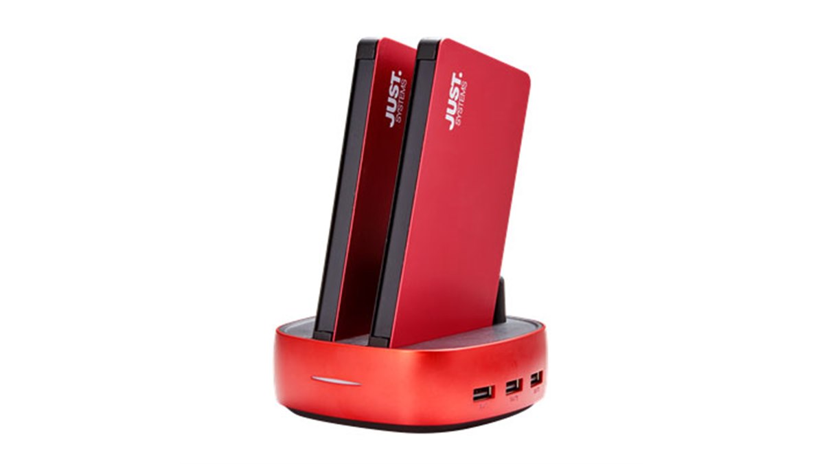 JUSTロゴ入りの赤いモバイルバッテリー2個セット - 価格.com