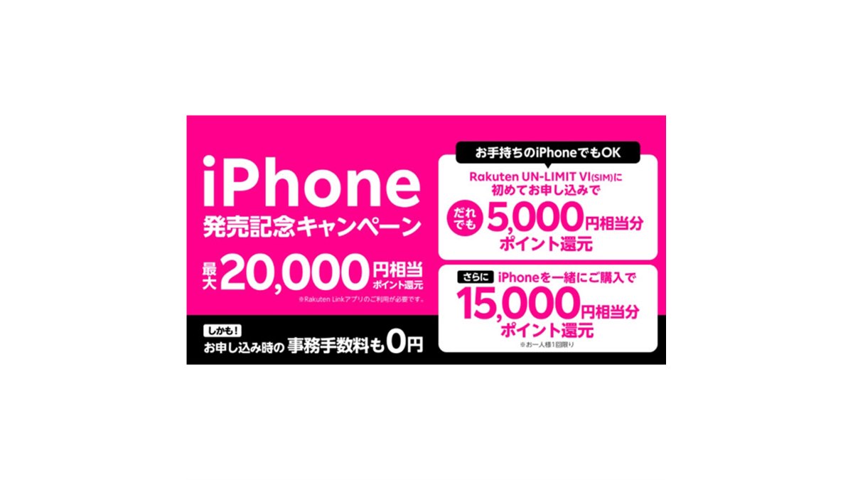楽天モバイル、「iPhone発売記念」で最大20,000円相当分のポイント還元 