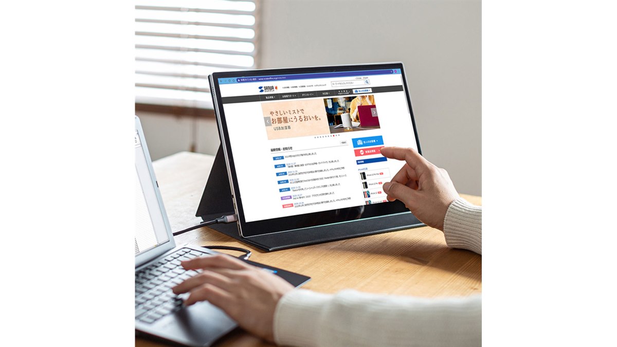 サンワ、Type-C接続のタッチ対応15.6型モバイルディスプレイ「DP-02