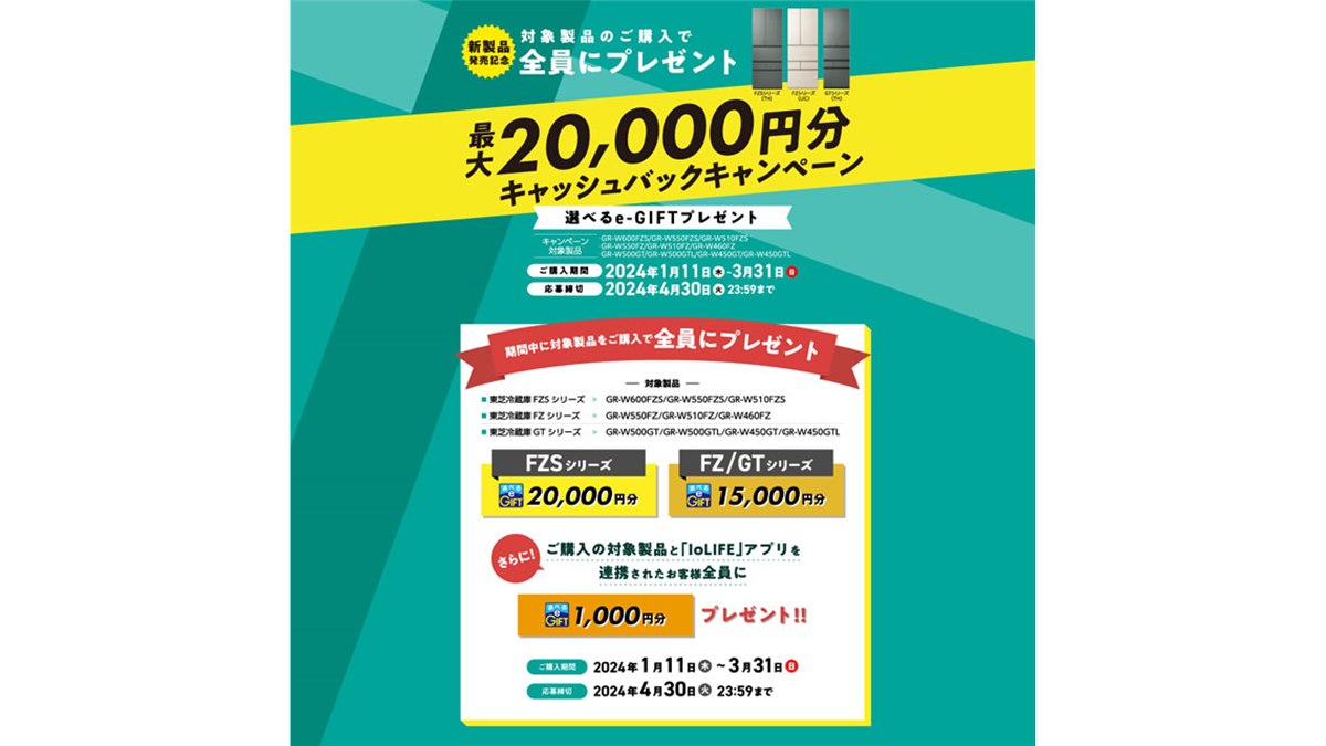 最大20,000円分キャッシュバックの「東芝冷蔵庫キャンペーン」が3月31日まで開催 - 価格.com