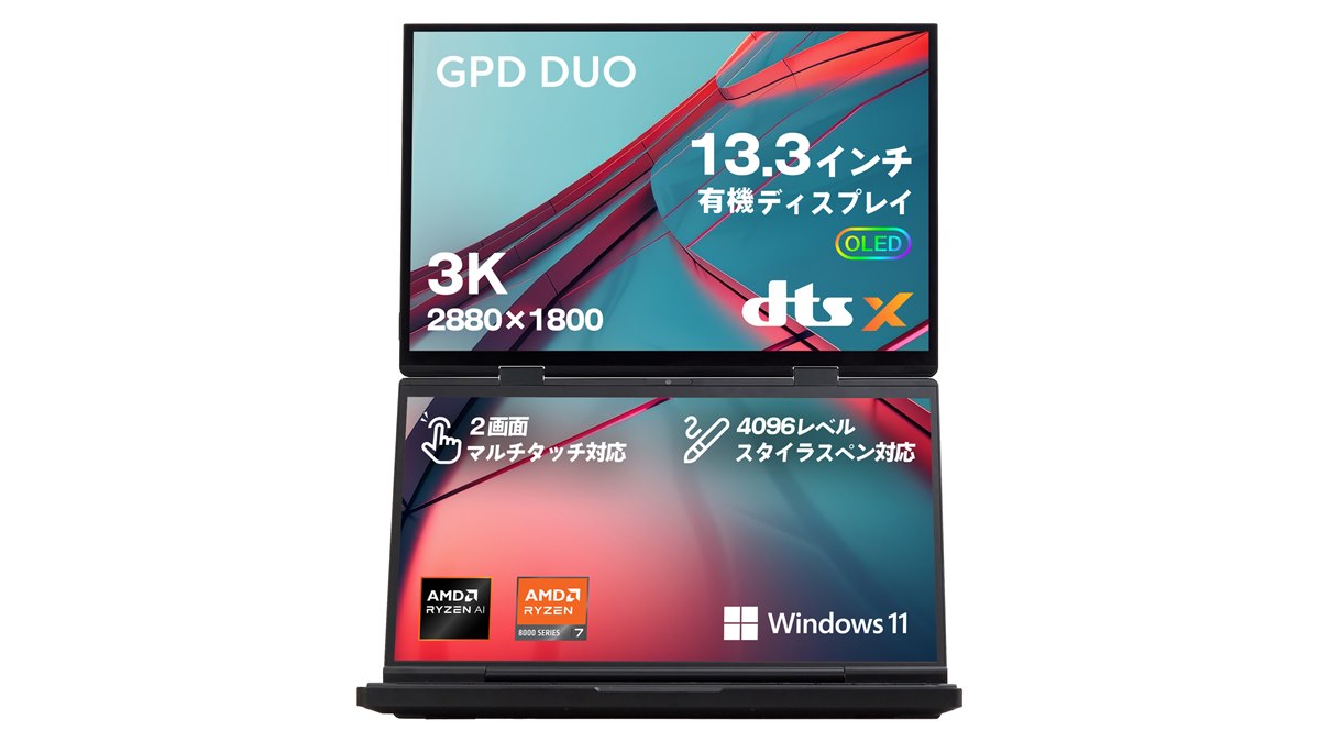 GPD DUO 13.3インチ ノートPC 32GB/1TB 13.3インチ×2画面搭載の高性能Windowsノート「GPD DUO」が12月国内発売