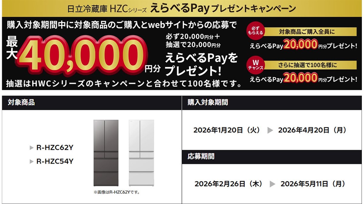 日立、最大4万円分を還元する「日立冷蔵庫 HZCシリーズ えらべるPay 