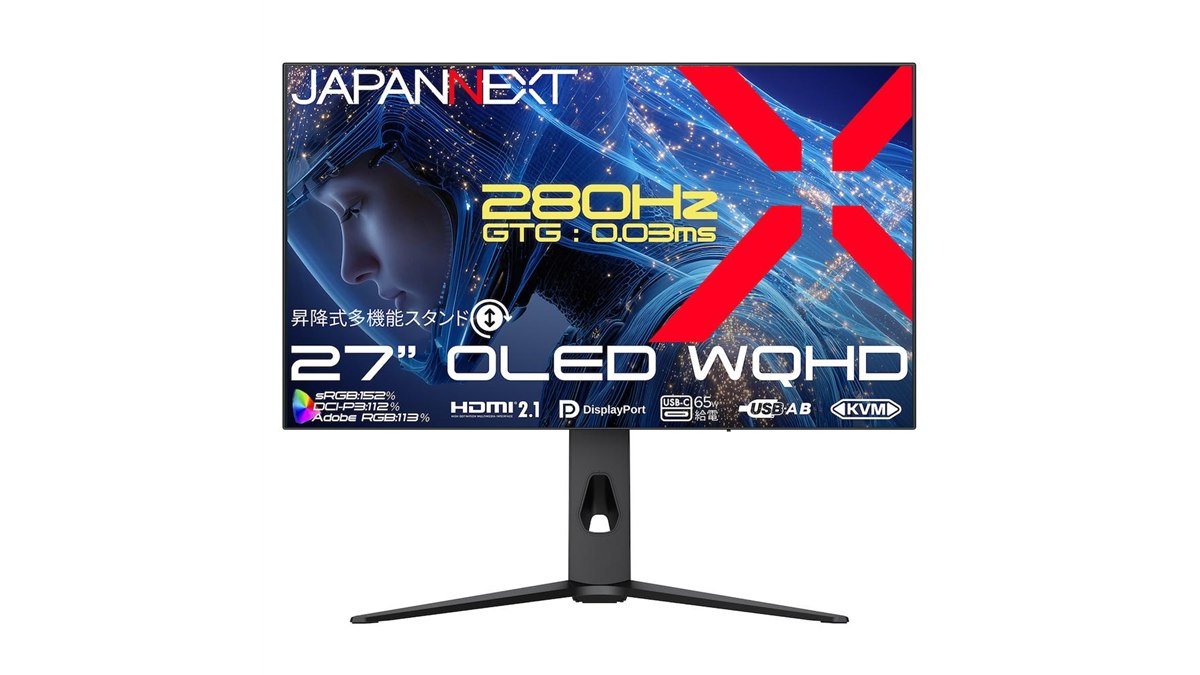 JAPANNEXT、280Hz駆動の27型WQHD有機ELゲーミングディスプレイ「JN