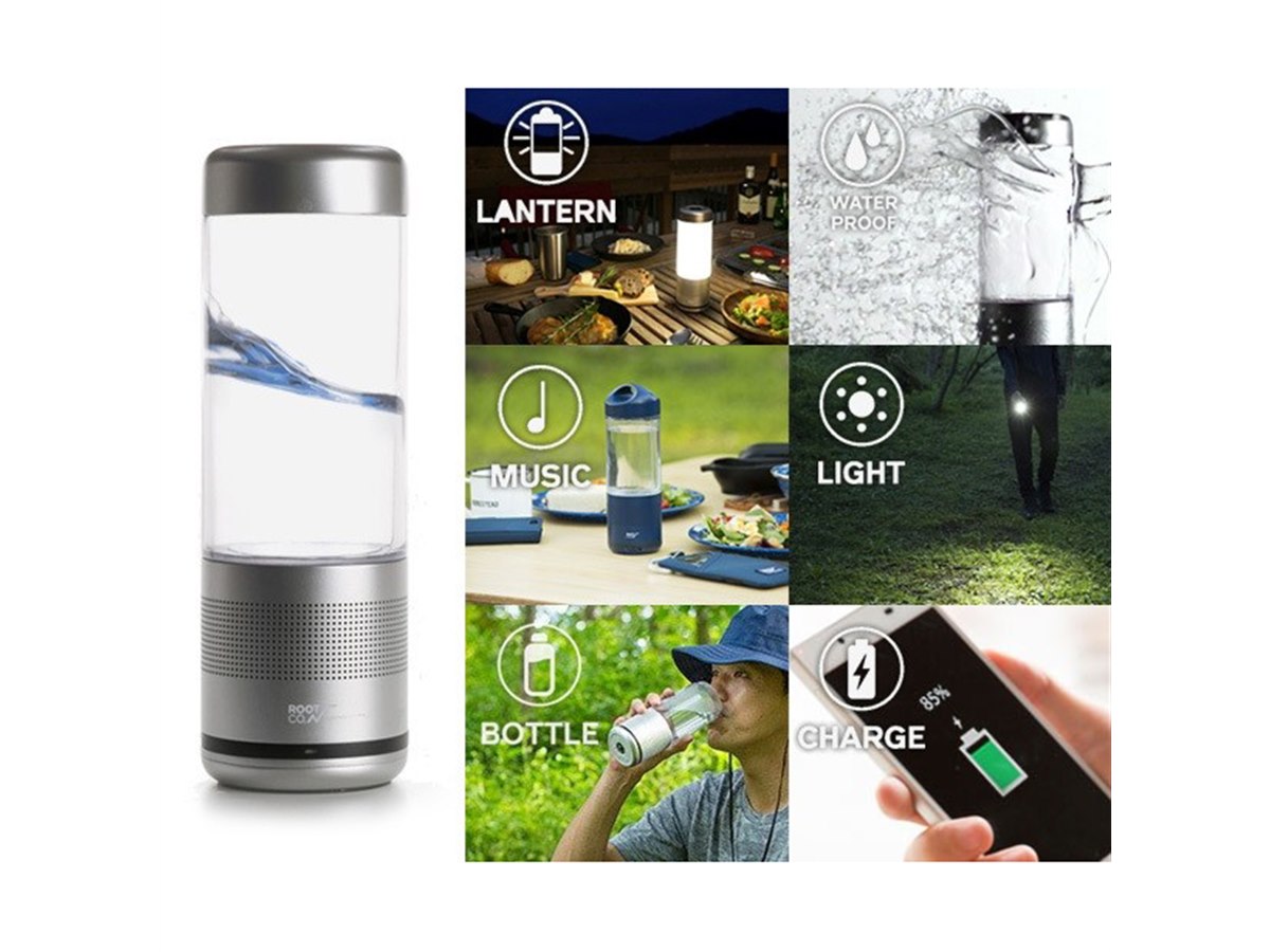 ROOT、飲料ボトルにもなるランタン型のIP65防水・防塵Bluetooth