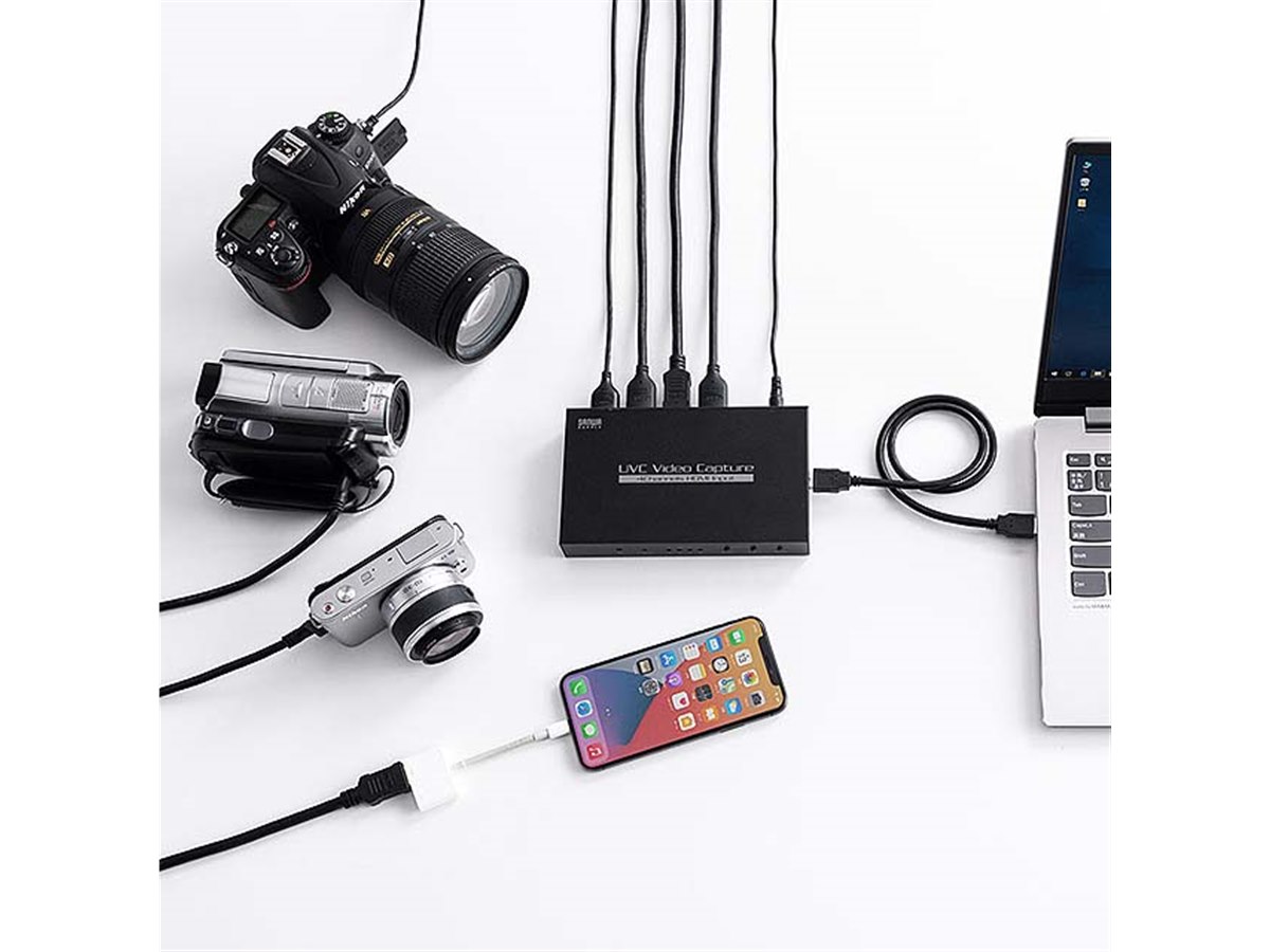 ビデオカメラ4台 サンワ、ビデオカメラなどを最大4台まで同時にHDMI入力できるUSB-HDMI