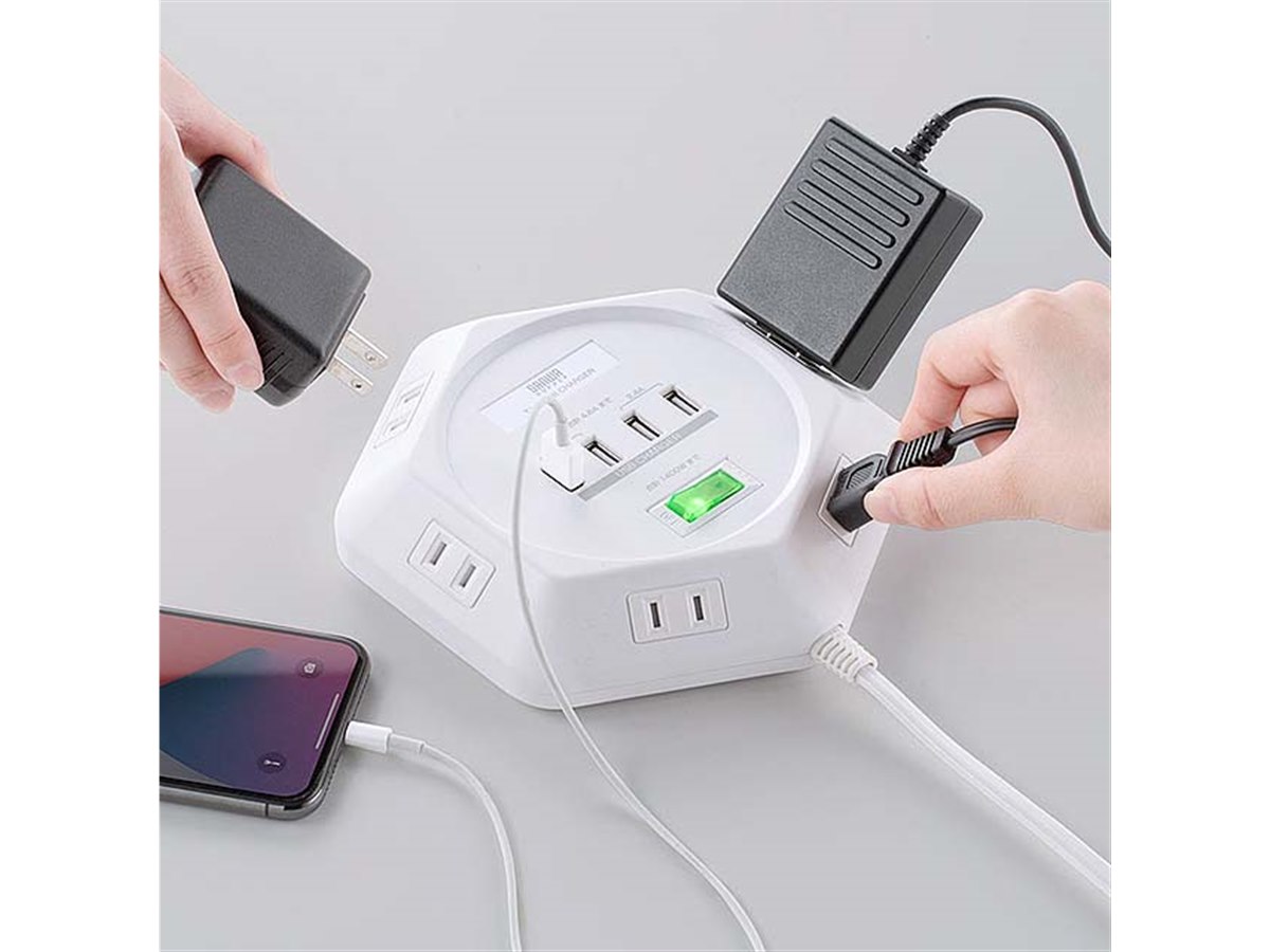 サンワ、USB充電ポート付きの六角形タップ「700-TAP043」 - 価格.com