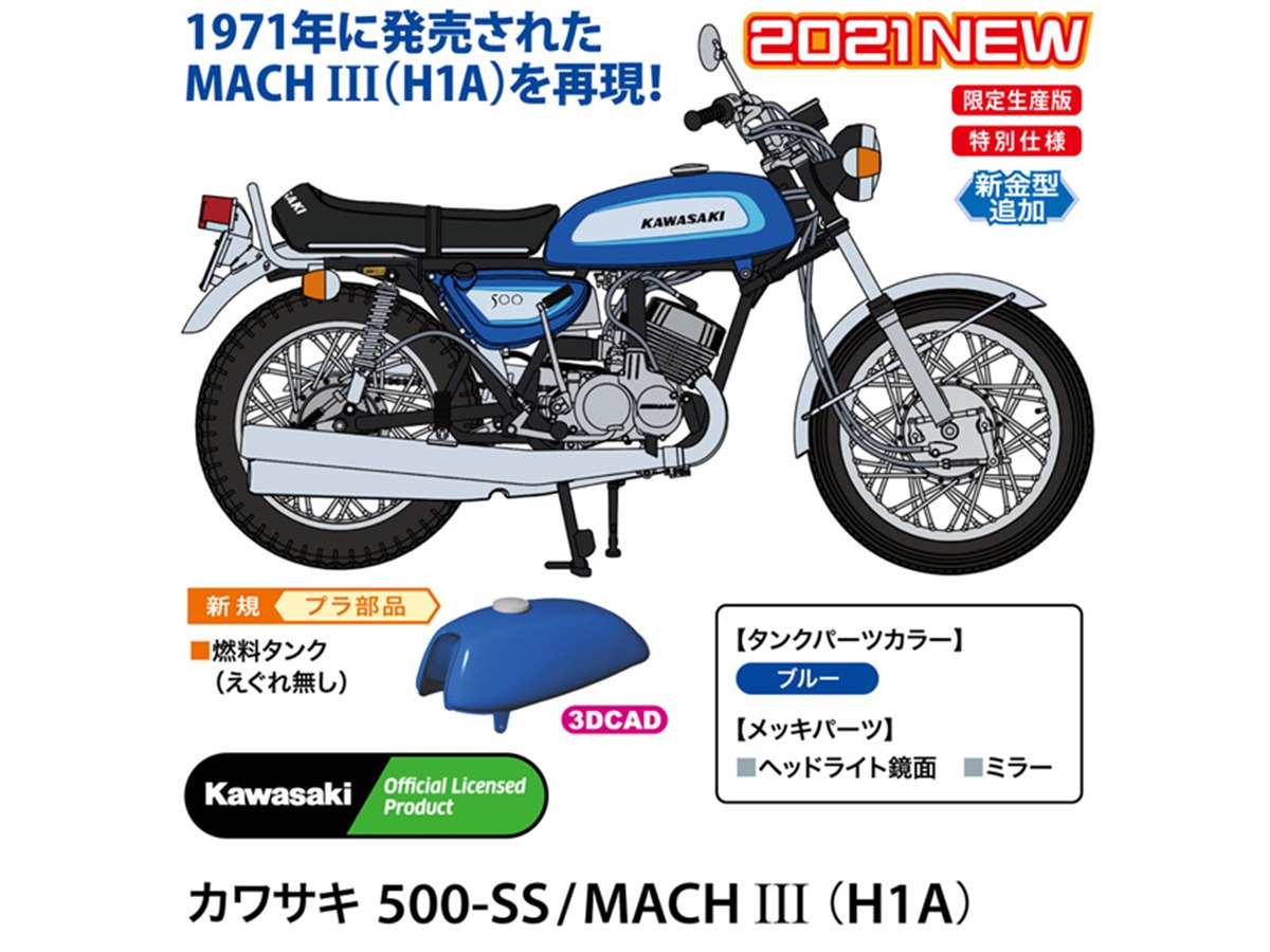 1971年発売の「カワサキ MACH III」1/12模型、えぐれなしの燃料タンク