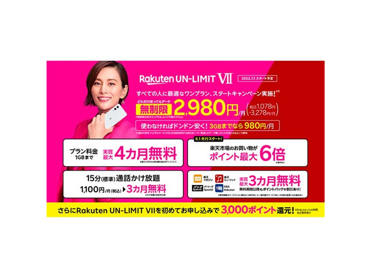楽天モバイル、最低料金が0円から1,078円になった「Rakuten UN-LIMIT