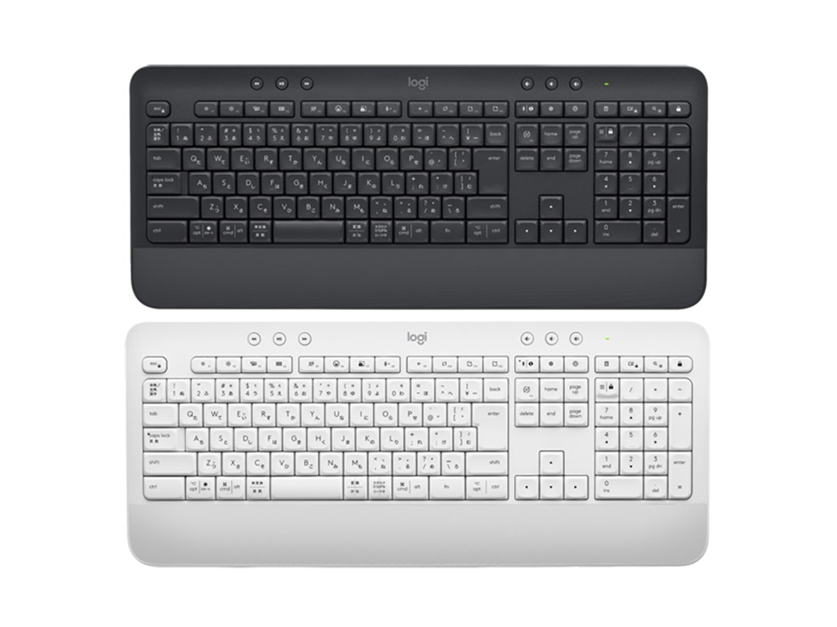 ロジクール、パームレスト付きフルサイズワイヤレスキーボード