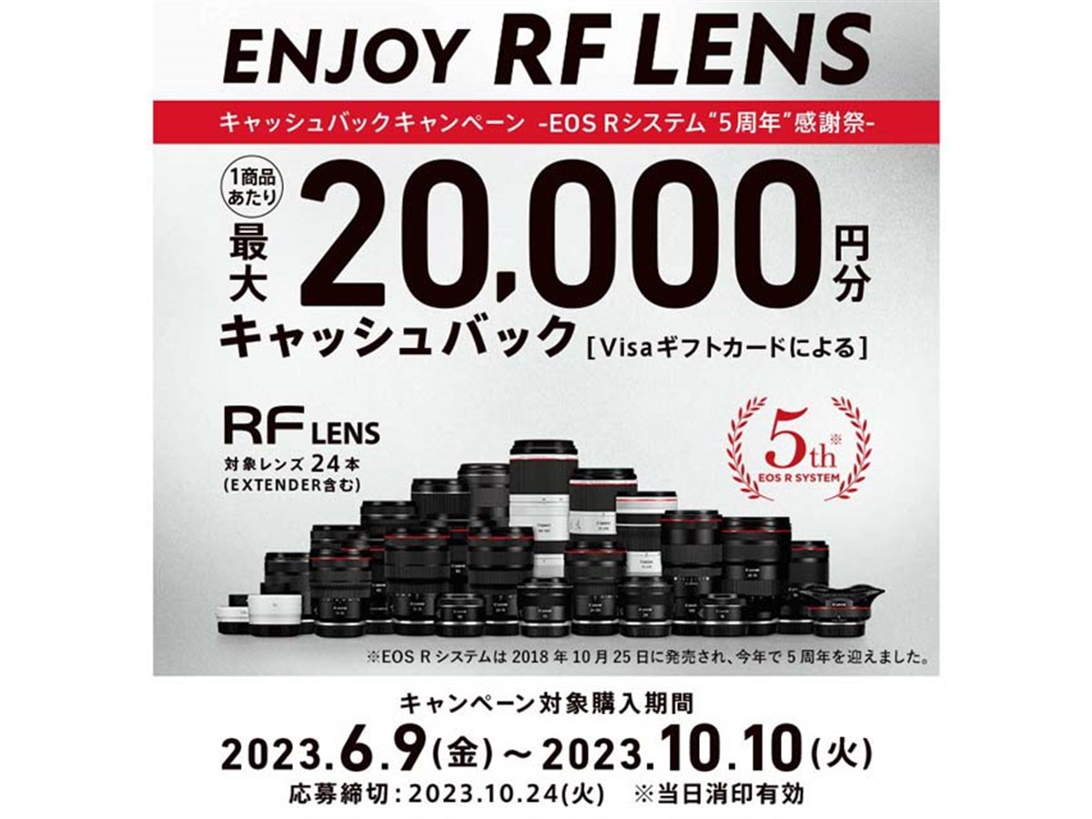 キヤノン、RFレンズ対象の最大2万円分キャッシュバックキャンペーンを