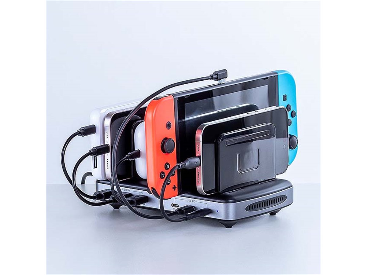 サンワ、6台の端末を同時に充電できるUSB充電ステーション「700