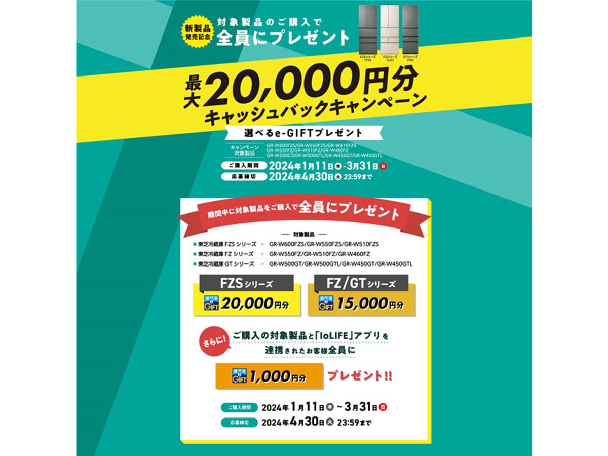 最大20,000円分キャッシュバックの「東芝冷蔵庫キャンペーン」が3月31日まで開催 - 価格.com