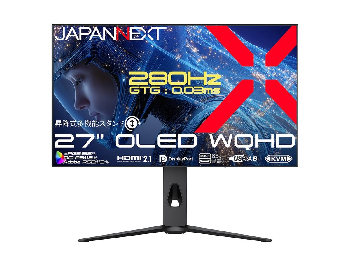 JAPANNEXT、280Hz駆動の27型WQHD有機ELゲーミングディスプレイ「JN