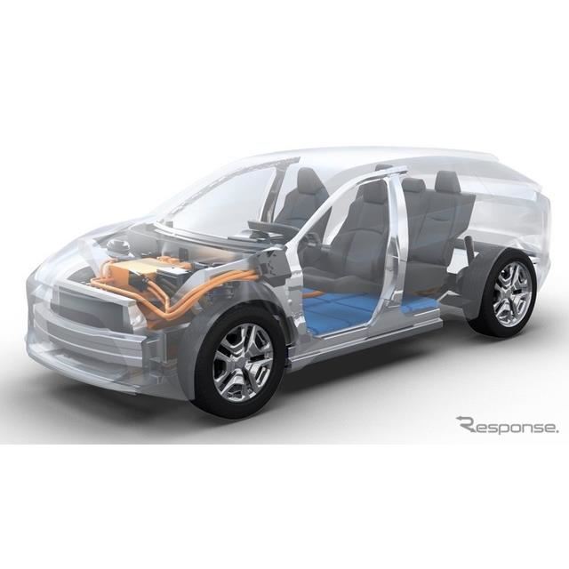 トヨタが欧州市場に投入する予定の新型電動SUV（フルEV）のティザーイメージ。この車台をスバルの新型EVと共有する