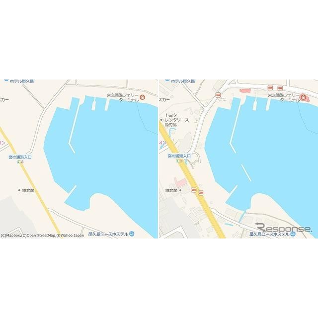 屋久島宮之浦港（鹿児島県）/屋久島の海の玄関口、宮之浦港。フェリーターミナルの周辺のバス停も表示している