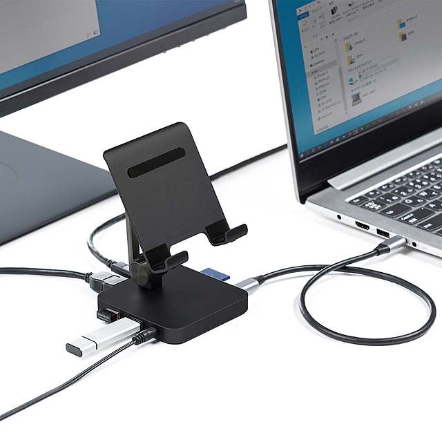 サンワ、タブレットスタンド一体型のUSB Type-Cドッキングハブ「USB 
