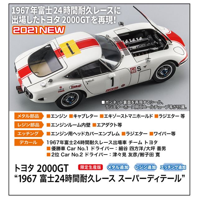 富士24時間レース出場「トヨタ 2000GT」1/24模型、エンジンを“精密に 