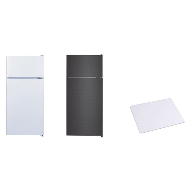 （左から）「112L 2ドア冷凍冷蔵庫 JR112ML01」（カラー：ホワイト、ガンメタリック）、「冷蔵庫マット JRM-S01/M01/L01」