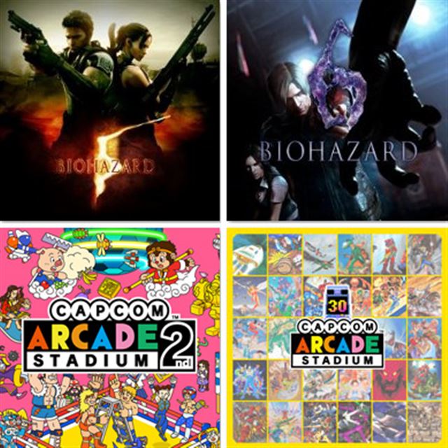 左上から時計回りに、PS4「バイオハザード5」「バイオハザード6」（いずれもゲーム本編）、Nintendo Switch「Capcom Arcade Stadium Packs 1, 2, 3セット」「Capcom Arcade 2nd Stadium Bundle」（いずれもダウンロードコンテンツ）